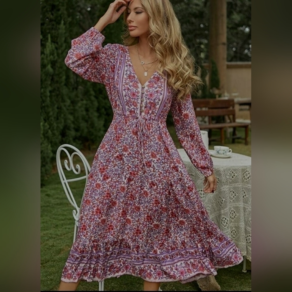 Sundayup Boho Maxi Dress, Sundress, Pink Purple Rose